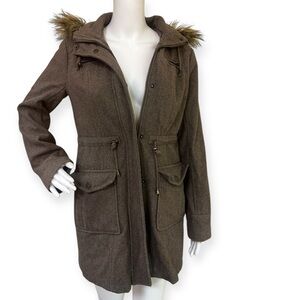 New York & Company Brown Hooded Women's Coat with Faux Fur Trim